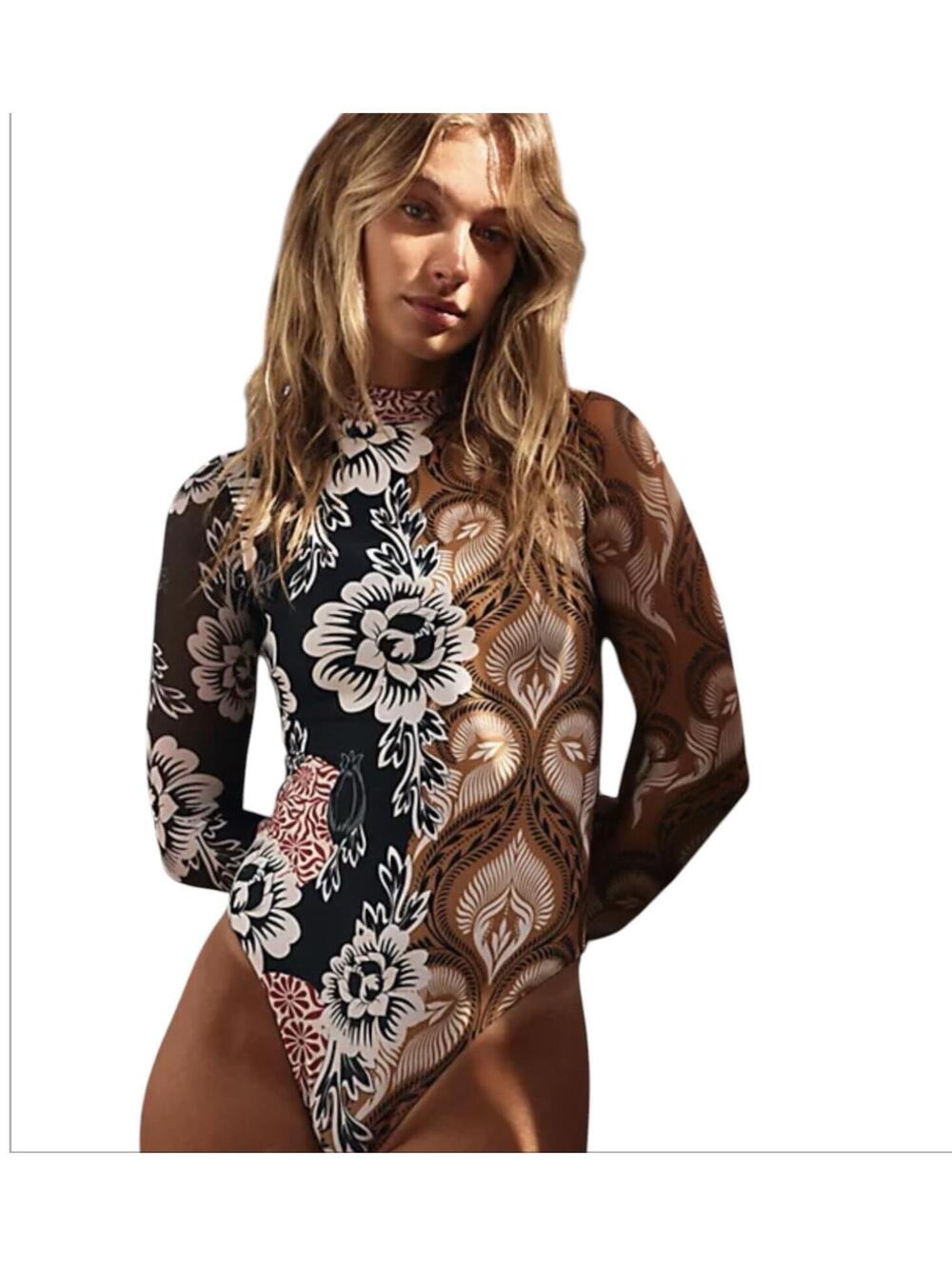NWT Agua Bendita Mei Fera One-Piece Patchwork Long Sleeve Swim Suit Small